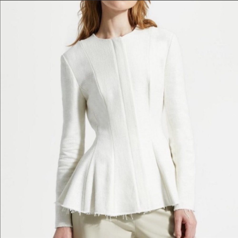 NWT Theory Ivory Tweed Peplum Collarless Jacket Size 0 Work Office Quiet Luxury